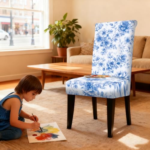 Nuxovilar Dining Chair Covers Blue Floral Watercolor Pattern Milk Silk 23.6x66.9 Inches Dining Chair Covers Set Cover for Area Kitchen Classic Home