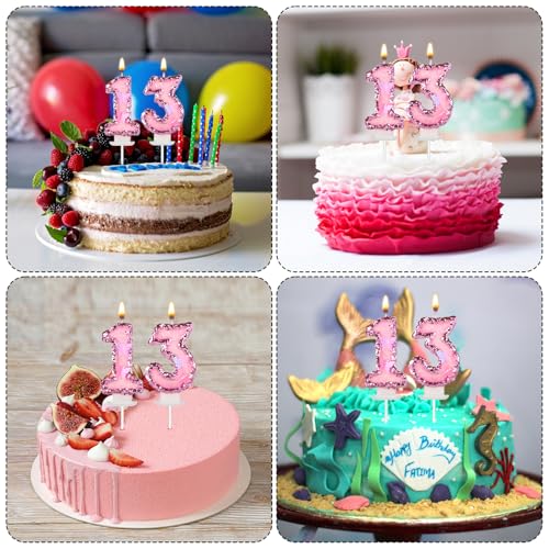 Girls Birthday Number 13 Candles, 2.95in Glitter Butterfly Happy Birthday Cake Toppers Pink Sequins Wedding Numeral Cupcake Decorations for Anniversary Celebration Party Supplies (13th)