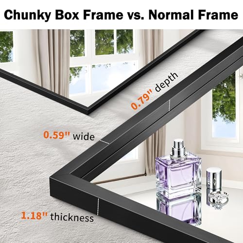 CIRCUMI 18"x24" Brushed Black Mirror with Chunky Box Metal Frame, Bathroom Mirror for Vanity Remodel & New Home, Living Room, Entryway, Rectangular Wall Mirror, Tempered Glass, Vertical or Horizontal