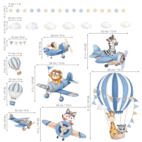 decalmile Blue Hot Air Balloon Animals Wall Decals Airplane Animals Giraffe Lion Fox Wall Stickers Baby Nursery Kids Bedroom Living Room Wall Decor