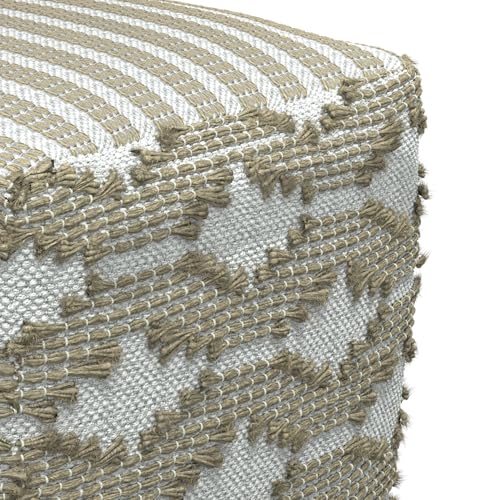 SIMPLIHOME Rowan Pouf - 18 inch Wide Hand Woven Cotton/Jute Square Pouf Ottoman in Natural and White, Footstool for Living Room or Bedroom with Polystyrene Bead Filling, Fully Assembled