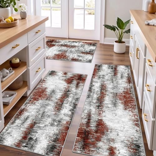 Upgrade Non Slip Kitchen Rugs Sets of 3 Washable Kitchen Mats for Floor Abstract Kitchen Runner Rug Soft Floor Mat Set Kitchen Carpet Rugs for Hallway, Laundry, Entryway, Office, Rust Red