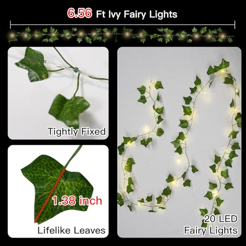suddus Fake Vines with Lights Battery Operated, 20 LED 6.56FT Ivy Garland Fairy Lights with Timer, Leaf String Lights for Bedroom,Room,Window,Wall,Party,Garden,Wedding Indoor Decor (Warm White)