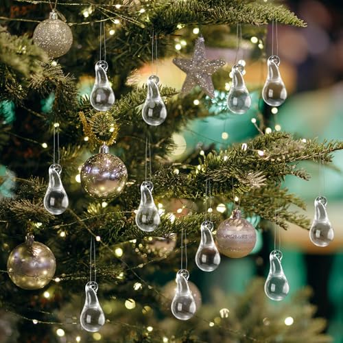 30 Pcs Clear Glass Teardrop Ornaments Christmas in July Crystal Raindrop Hanging Ornaments Crystal Chandelier Drop Pendant Icicles Decorations for Summer Tree Party Supplies (Mini Size)