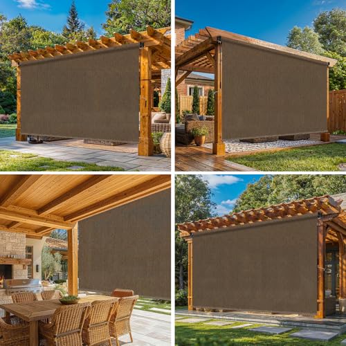 8'W x 8'H Mocha Patio Shades Roll up Outdoor Roller Shade Crank Wand Blind Cordless, 90% UV Blocking & Privacy Protection for Porch|Gazebo|Pergola|Backyard (2 Splicing Tube, 1 Fabric)