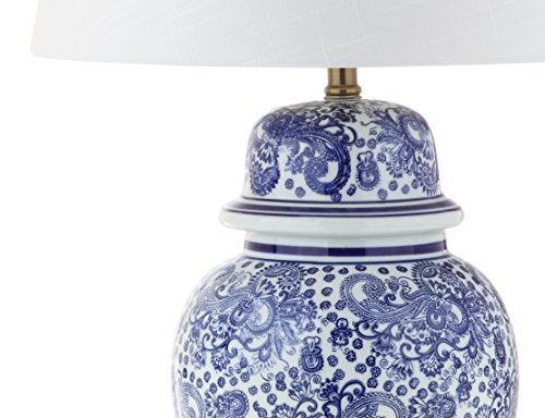 JONATHAN Y 29.5" Blue/White Ceramic Table Lamp for Living Room and Office, White Linen Drum Shade, Traditional Chinoiserie Ginger Jar Lamp, LED Bulb Included JYL3008A