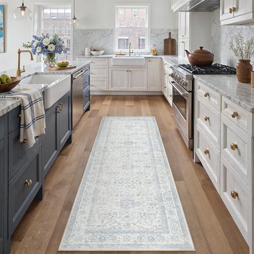HUGEAR 2x6 Runner Rug Hallway Retro Light Blue Machine Washable Vintage Floral Low Pile Carpet Vacuumable Distressed Long Throw Rug Kitchen Bedroom Laundry Office Bathroom Non Slip Soft Lightweight