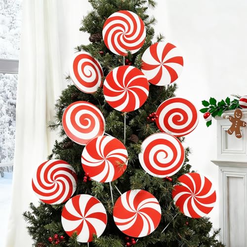 12Pcs Large Candy Christmas Tree Decorations Peppermint Lollipop Christmas Picks for Tree, 7.87" Red and White Candy Ornaments, Plastic Candyland Tree Topper for Xmas Holiday Party Vase Decor
