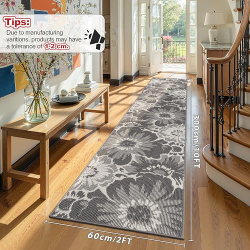 Findosom Hallway Runner Rug 2x10, Non Slip High-Low Textured Floral Washable Runner Rug with Rubber Backing, Boho Carpet Runner for Kitchen, Entryway, Bedroom, Laundry, Gray