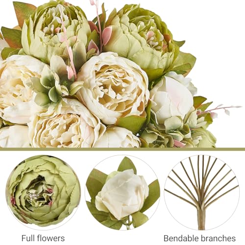 Mkono Peonies Artificial Flowers, 2 Packs 13 Stems Faux Peony Flowers Real Touch Fake Silk Bouquet for Arrangements Dining Table Centerpieces for Kitchen Bridal Wedding Party (2, New Green)