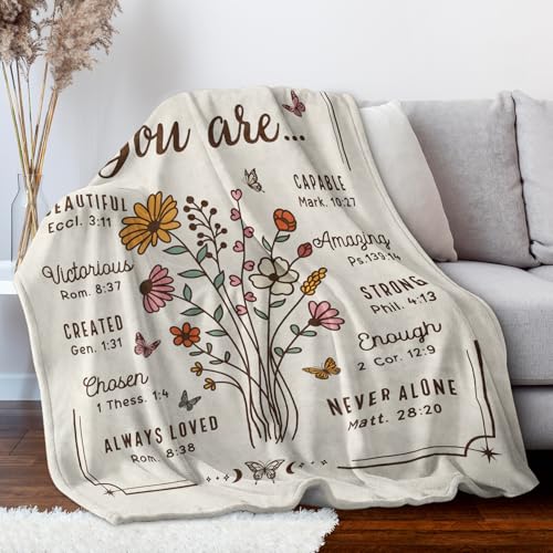 Christian Gifts for Women, Christian Floral Throw Blanket, Birthday Religious Gifts for Women Friendship, Inspirational Scripture Faith Gift for Friend, Sister, Mom, Daughter (50'' x 60'', Beige)