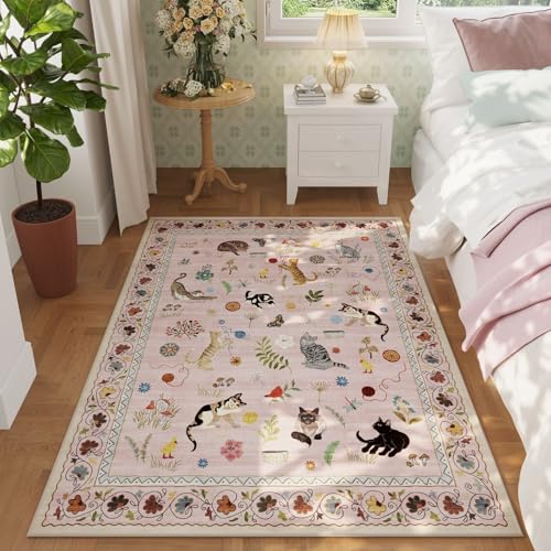 Rugcomf Area Rug 3x5 Washable Non Slip Floral Animal Cat, Pink
