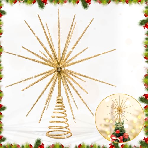 13.7 Inch Gold Christmas Tree Topper - 3D Burst Gold Tree Topper, Exploding Star Christmas Tree New Year Holiday Tree Decoration