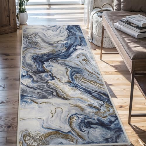 PADOOR Abstract 2'x6' Runner Rug, Washable Non-Slip Low Pile, Marble Blue