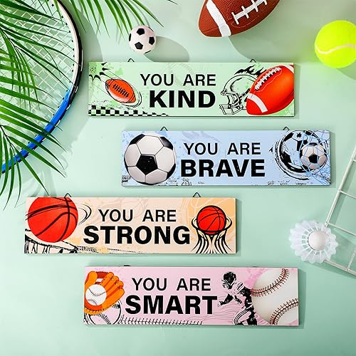 Geetery 4 Pcs Sport Bedroom Wall Decor Boys Room Decor for Kids Soccer Basketball Baseball Football Wall Art Inspirational Wooden Hanging Sign for Boys Girls Kids Nursery Playroom Kindergarten