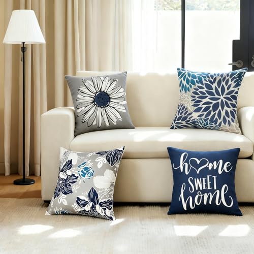 Decorative Throw Pillow Covers Set of 4 Blue Pillow Covers 18x18 inch Throw Pillow Cases Linen Square Pillow Case,Farmhouse Outdoor Modern Boho Pillow Covers for Couch Sofa Living Room