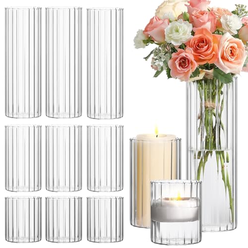 ComSaf Glass Cylinder Vases Pack of 12, Clear Ribbed Bud Vases for Centerpieces Weeding Decoration, 4 inch 6 Inch 10 Inch Tall Clear Flower Vases in Bulk, Hurricane Candle Holder for Party Home Decor