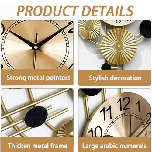 Large Wall Clocks for Living Room,Silent Non Ticking,Battery Operated Oversized Round Modern Wall Clock for Bedroom,Farmhouse,Office Wall Decor-17.8x30.7Inch(Golden)