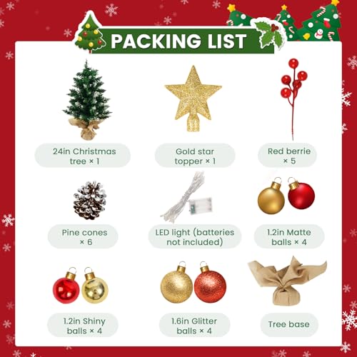 Mini Christmas Tree with Lights, 24 Inch Tabletop Christmas Tree with Berries Star Treetop Ornaments Balls Artificial Small XMS Tree for Table Desk Home Christmas Holiday Decor