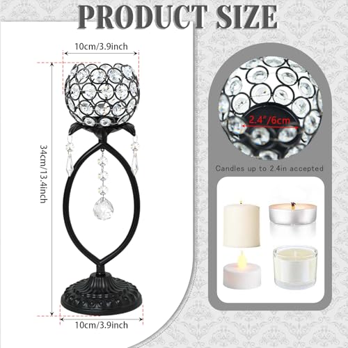 2 Pcs Elegant Metal Crystal Tea Light Candle Holders with Crystal Pendants, Hollow Design - Wedding Table Centerpieces for Anniversary Birthday Party, Home Decor (2, Black)