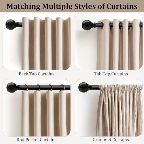 Black Curtain Rods for Windows 72 to 144 Inch 1" Diameter Heavy Duty Metal Adjustable Extra Long Blackout Traverse Window Treatment Rods with Decorative Finials Doorway Living Room Bedroom Kitchen
