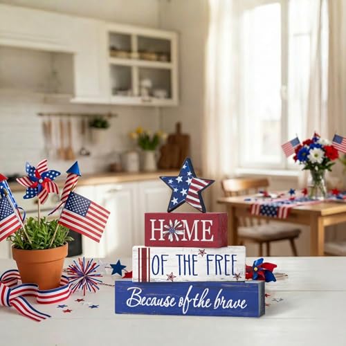 Smile Veterans Day Patriotic 4th of July Indoor Wooden Decor, Home of Free Tiered Tray Farmho – lifestyle view