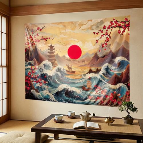 Retro Japanese Tapestry,Vintage Sun Mountain Aesthetic Landscape Tapestry Wall Hanging, Japanese Ocean Wave Sunset Landscape Wall Art, Cherry Blossom Tapestries for Bedroom Living Room 60"x 40"