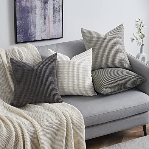 Topfinel Grey Couch Pillow Covers for Living Room 45x45 cm Set of 4,Mid Century Modern White Neutral Corduroy Corn Throw Pillows,Rustic Square Bench Chair Cushion(18 Inch/Grey)