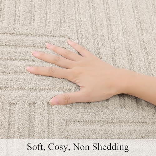 SHACOS Soft Cozy Fluffy Arch Pattern High-Low Pile Textured Area Rug 5'3"x7'3" Non Slip Washable Modern Geometric Rug Stain Resistant Contemporary Carpet for Living Room Bedroom Dining Room, Beige