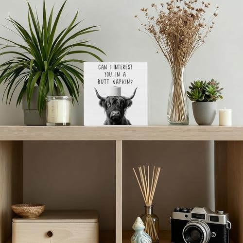 Funny Highland Cow Bathroom Decor, Can I Interest You in A Napkin Wooden Box Sign, Cute Cow Bathroom Accessories Restroom Decor, 5×5 Inches