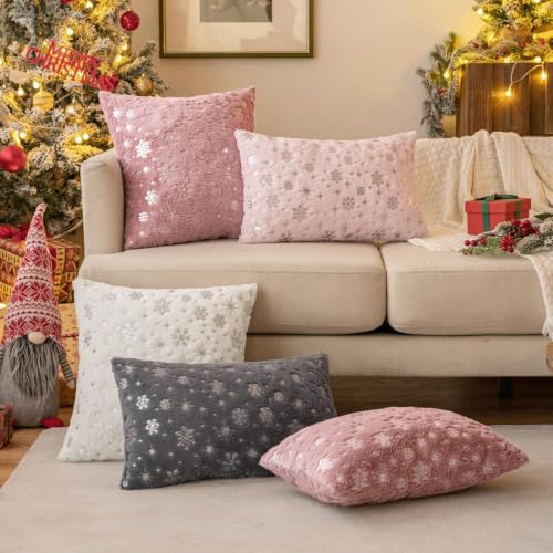 MIULEE Christmas Decorations Pillow Covers 20x20 Pink Silver Snowflake
