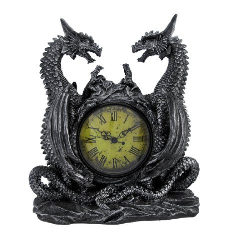 Mythical Dragon Duo Desk Clock in Metallic Look and Antique Face with Roman Numerals for Desktop, Shelf & Mantle As Gothic Medieval Decor Or Decorative Office Gifts