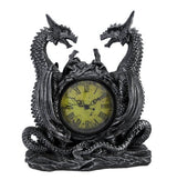 Mythical Dragon Duo Desk Clock in Metallic Look and Antique Face with Roman Numerals for Desktop, Shelf & Mantle As Gothic Medieval Decor Or Decorative Office Gifts