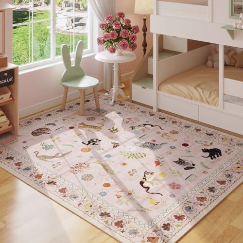 Rugcomf Area Rug 3x5 Washable Non Slip Floral Animal Cat, Pink