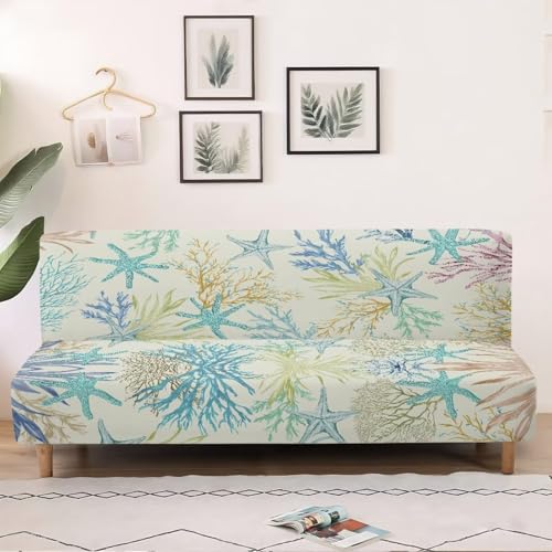Starfish Armless Futon Cover Elastic Futon Couch Cover Replacement Removable Couch Slipcover Non-Slip Furniture Protector for Coastal Theme Living Room Hotel