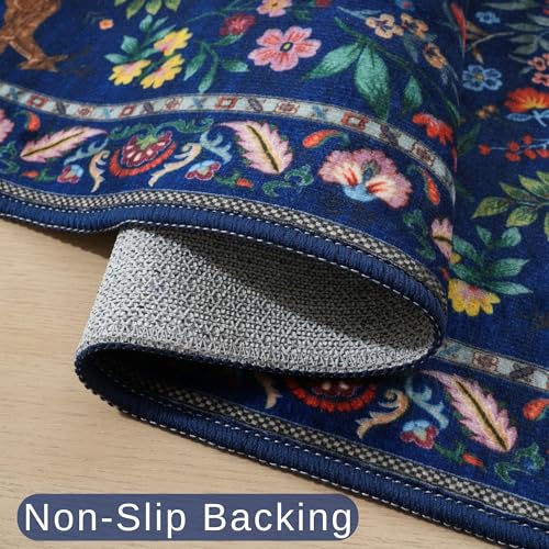 Rugcomf Door Mat 2x3 Small Area Rug Floral Washable Non Slip, Blue