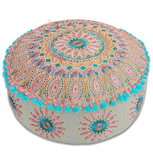 Mandala Life ART Moroccan Large Floor Pillow Cover with Tassels and Ponpon Bedroom Décor Round Pouf Ottoman Boho Chic Seating Area Beanbag