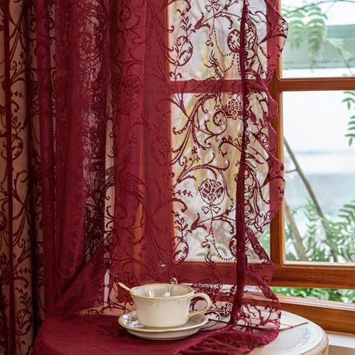 TUDECO Burgundy Sheer Curtains 84 Inches Long for Living Room - Luxury Modern Maroon Red Sheer Curtains for Bedroom, Aesthetic Tulle Rod Pocket Light Filtering Farmhouse Red Drapes, 59 x 84 Inch