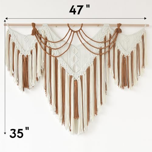 IOWER Boho Woven Wall Hanging Handwoven Brown and White Geometric Tapestry Handmade Macrame Decor for Modern Bedroom Living Room Apartment Office Home 47" W x 35" L