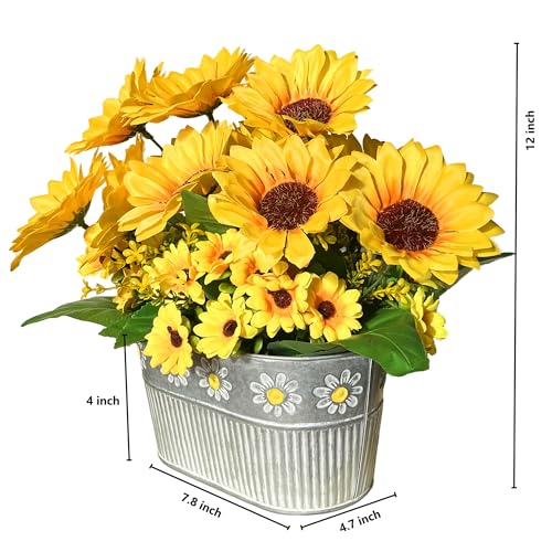 Artificial Flowers Fake Sunflowers in Pot, Faux Silk Flowers Floral Table Centerpiece Decoration, Rustic Potted Greenery for Farmhouse Home Décor