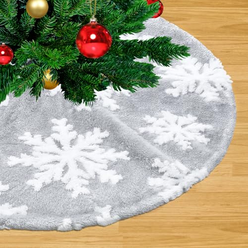 Grey White Tree Skirt Snowflakes Tree Skirts 36 Inch Large Christmas Tree Skirts Luxury Floor Mat for Xmas Tree Skirt Christmas Tree Decorations