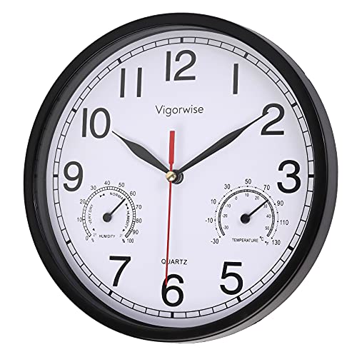 Wall Clock, Sweep Silent Movement Accurate Clocks with Temperature & Humidity, Decorative for Kitchen/Living Room/Bedroom/Office/School/Classroom (Black, 8 inch)
