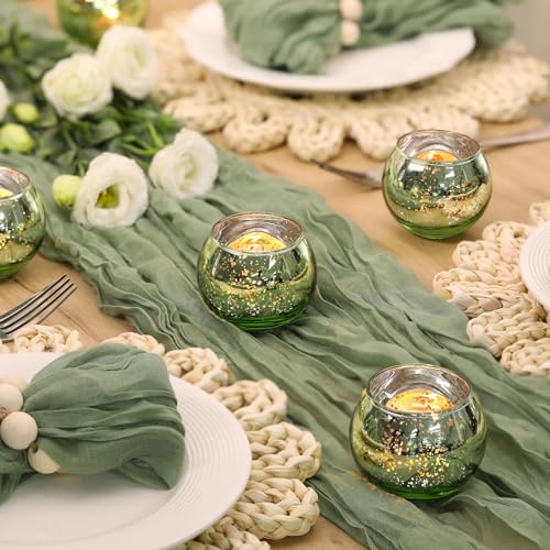 24PCS Green Votive Candle Holder Bulk, Round Mercury Glass Votives