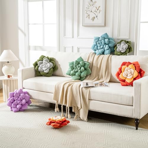 Green Grey 3D Plant Succulent Pillow 13.8" Plush Throw | Cute flower shaped decorative cushion. Soft unique accent for bedroom home decor. Cozy botanical.