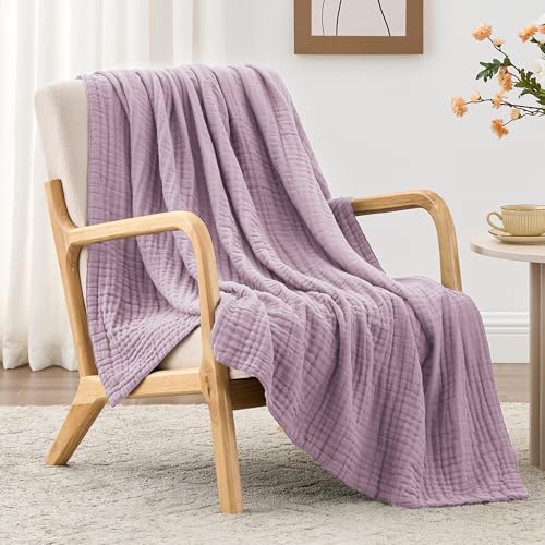 Love's cabin 100% Cotton Muslin Blanket, 6 Layer Lightweight Breathable Gauze Throw Blanket 50 x 60 Inches, Soft All Season Blanket for Couch, Bed, Sofa, Lavender