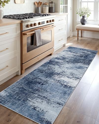 AMADA 2x5 Modern Abstract Washable Area Rug for Entryway Dark Blue