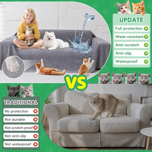 Cat Scratch Proof Furniture Protector - Anti-Slip, Waterproof Sofa Cover to Keep Cats Off, Pet-Friendly Anti-Scratch Couch Protectors for 3 Cushion Couch, Gray Sofa Cover for Pets and Kids 118"X71"