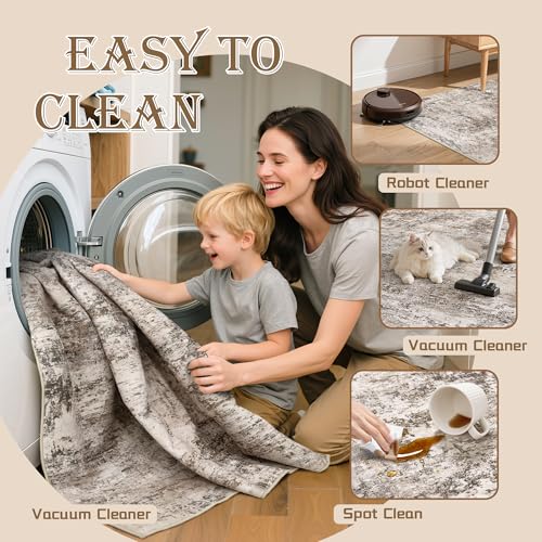 Cochyean 8x10 Area Rugs - Washable Rug for Living Room, Ultra-Thin Abstract Rug, Indoor Non-Slip Rug for Bedroom, Stain Resistant Large Area Rug, Super Soft Low Pile Rugs, Brown