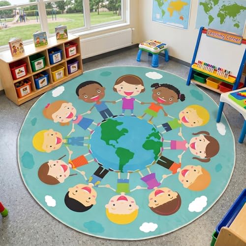 5.9 ft Large Circle Time Classroom Rug Elementary, Classroom Reading Corner Rug Back to School Reading Calming Corner for Preschool Kindergarten Learning Space Playroom Nursery(Children of the World)