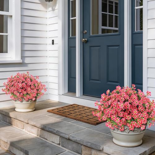 VIERENA 12 Bundles Artificial Flowers and Eucalyptus for Outside, Sun Resistant Silk Fake Morning Glory with Faux Eucalyptus Plants for Garden Porch Farmhouse Home Spring Summer Decor (Rose Red)